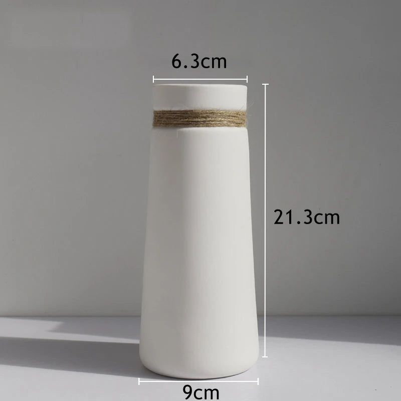 White Ceramic Vase with Hemp Rope for Dried Flower - Minimalistic English Country Vase