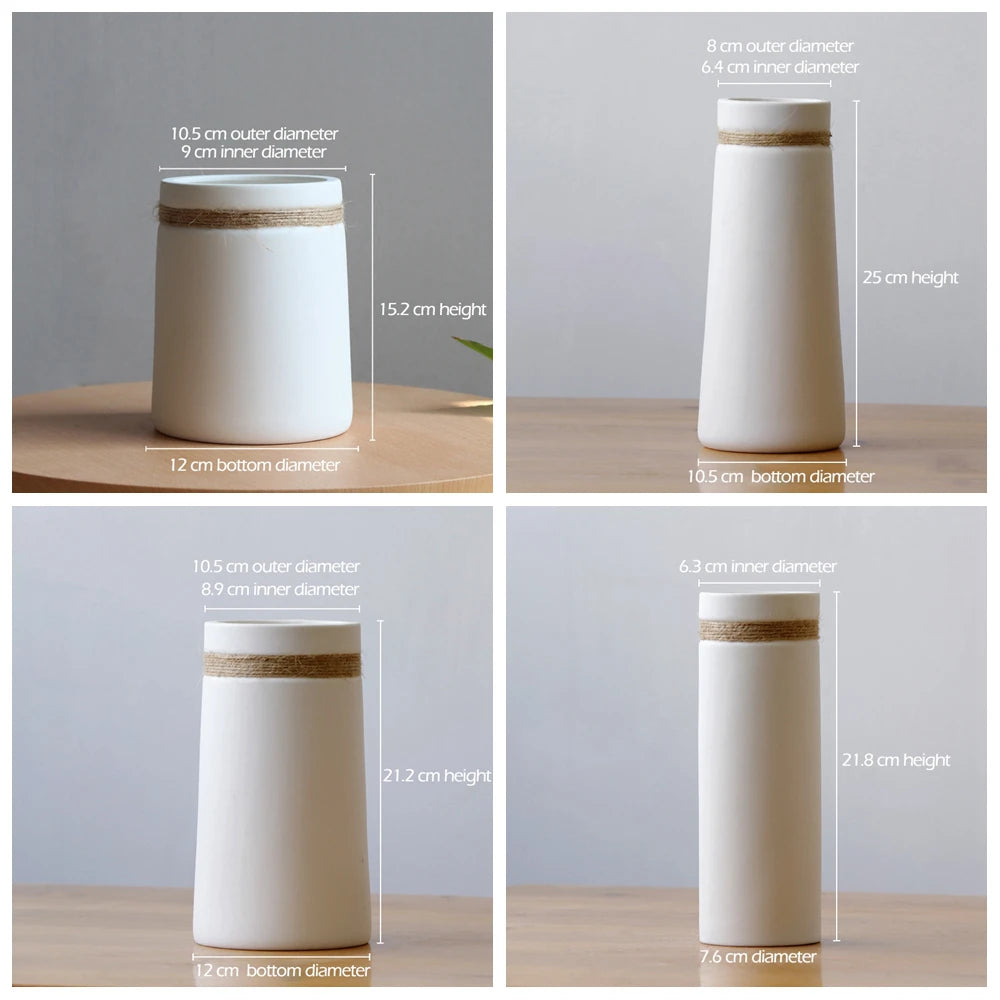 White Ceramic Vase with Hemp Rope for Dried Flower - Minimalistic English Country Vase