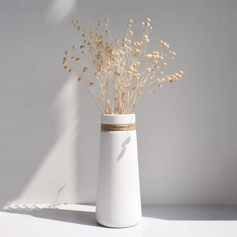 White Ceramic Vase with Hemp Rope for Dried Flower - Minimalistic English Country Vase