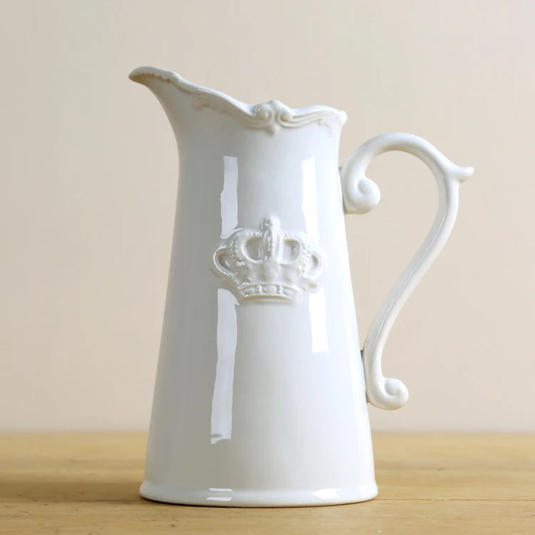 White Vintage Ceramic Water Pot Style Vase with Crown Detail