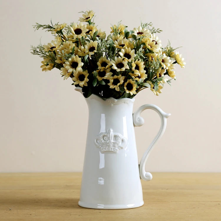 White Vintage Ceramic Water Pot Style Vase with Crown Detail