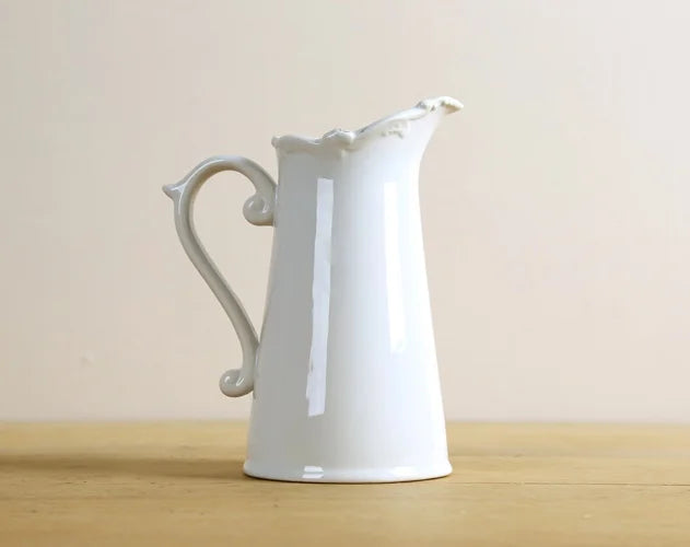 White Vintage Ceramic Water Pot Style Vase with Crown Detail