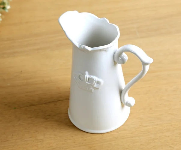 White Vintage Ceramic Water Pot Style Vase with Crown Detail