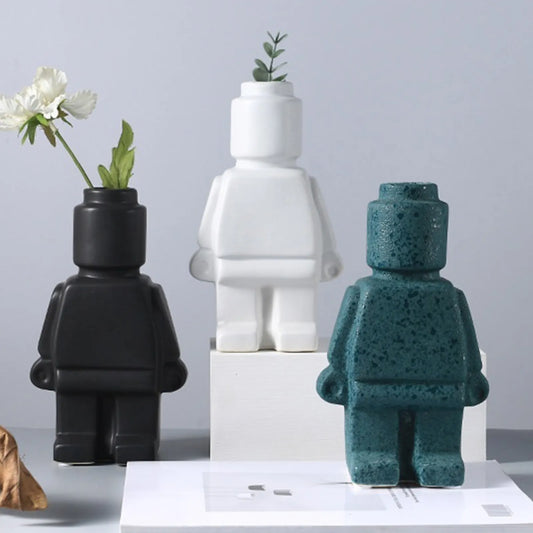 Creative Nordic Style Resin Robot Vase - Black, White & Green