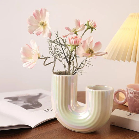 Geometric Iridescent Pearl Ceramic Vase - available in M & L - Little Leaf Company