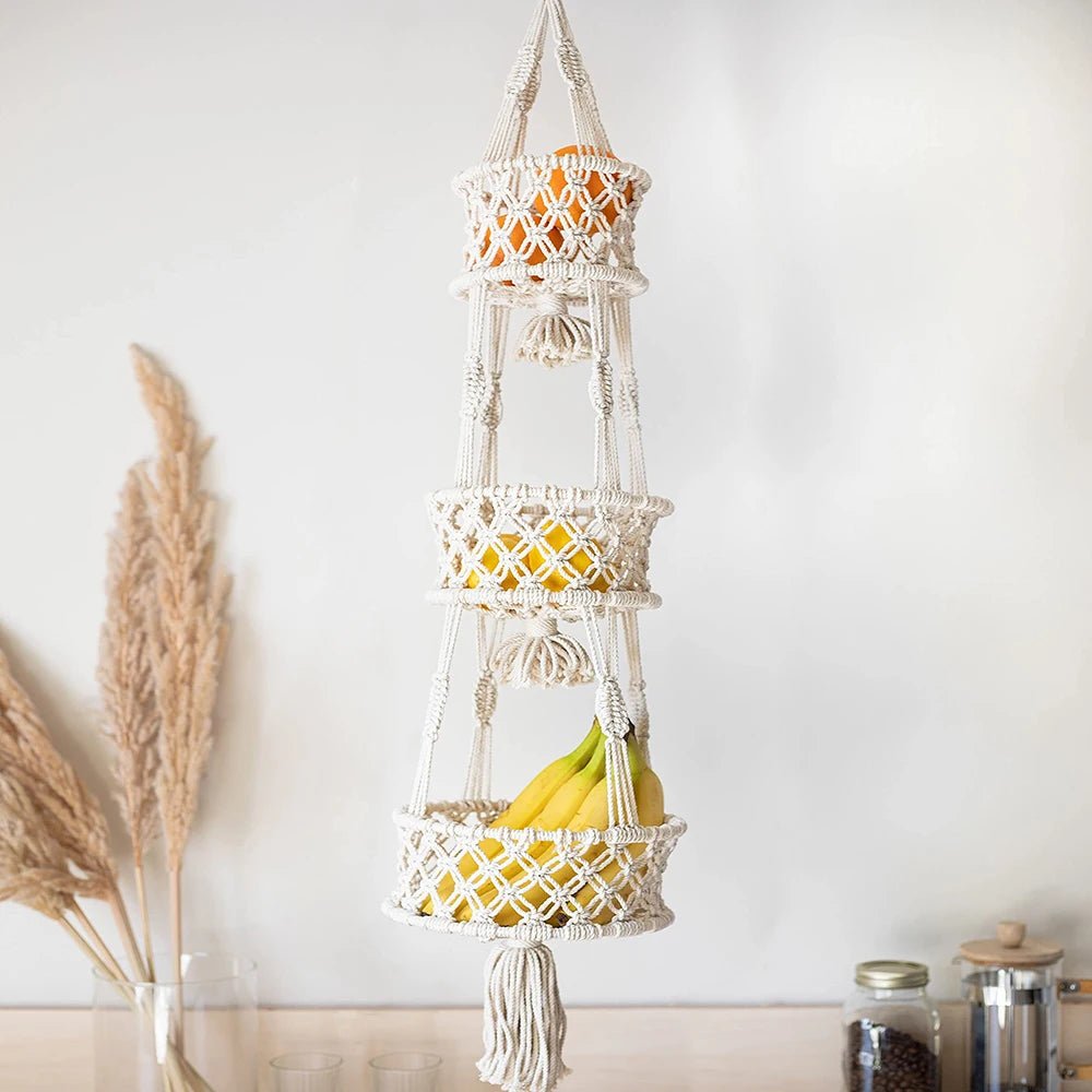 3-Tier Macrame Decorative Boho Decor Hanging Plant Holder or Kitchen Basket - Little Leaf Company