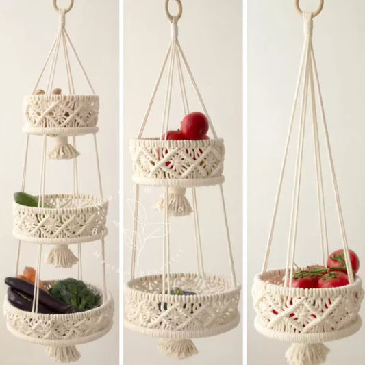 3-Tier Macrame Decorative Boho Decor Hanging Plant Holder or Kitchen Basket - Little Leaf Company