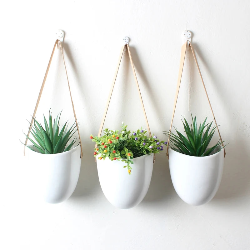 Set of 3 Ceramic Hanging Planters with Leather Strap for Succulents & Air Plants