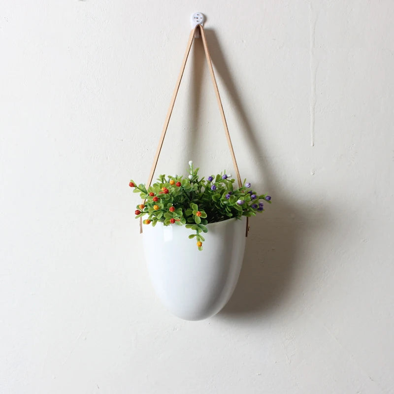 Set of 3 Ceramic Hanging Planters with Leather Strap for Succulents & Air Plants