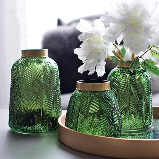 Nordic Glass Hydroponic Vase with Leaf Pattern - Green & Grey