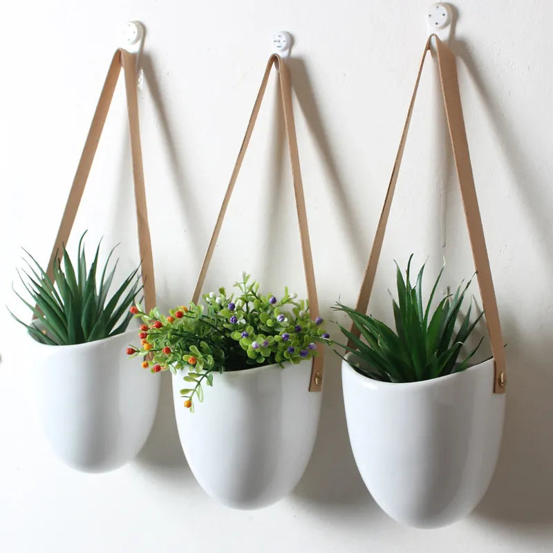 Set of 3 Ceramic Hanging Planters with Leather Strap for Succulents & Air Plants