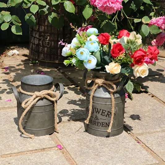 Rustic Metal Milk Flower Pots - for Country Farmhouse Retro Garden & Home Decor