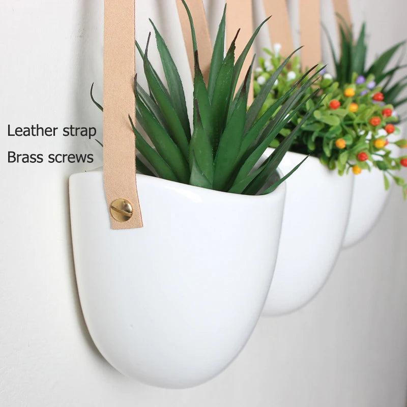 Set of 3 Ceramic Hanging Planters with Leather Strap for Succulents & Air Plants