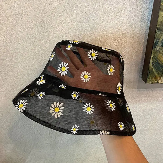 Daisy Embroidered Bucket Hat - Transparent Lace Flower Beach Sun Hat