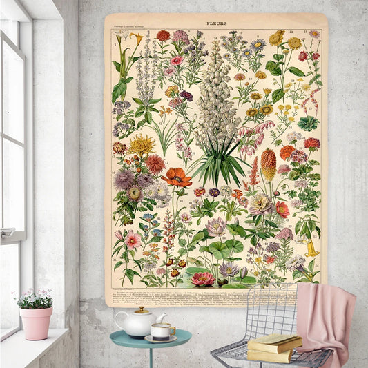 Antique Botanical Flower Tapestry - Cotton Wall Hanging