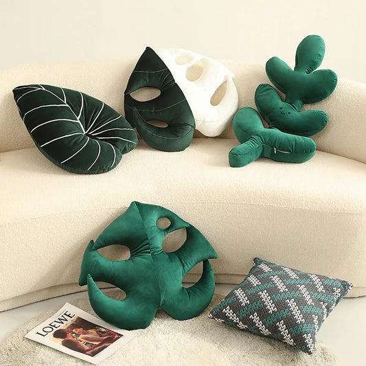 Plush Green Leaf Pillow: Lifelike Stuffed Plant Décor