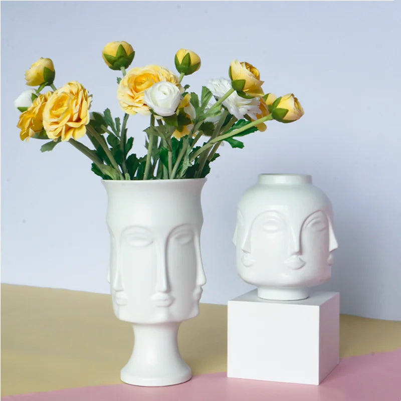 Scandinavian White Ceramic Vases with Artistic Face Designs