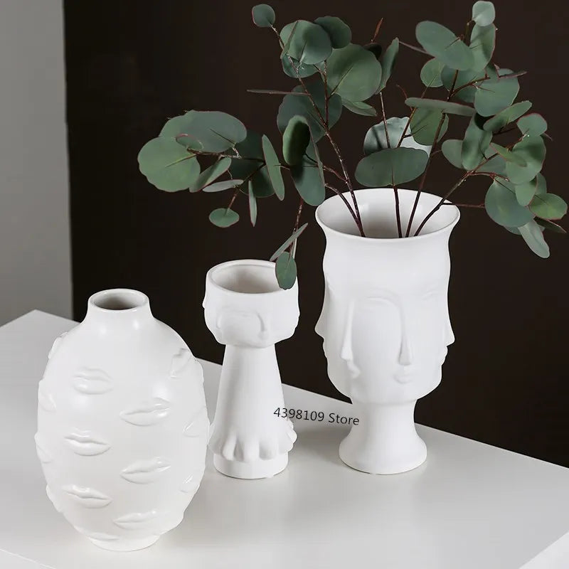 Scandinavian White Ceramic Vases with Artistic Face Designs