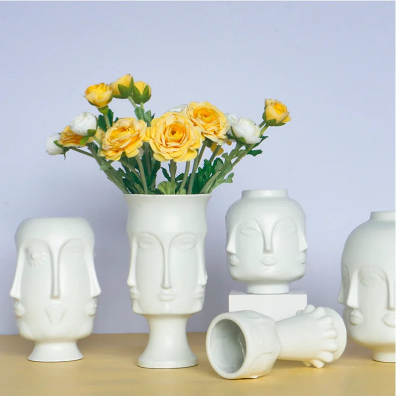 Scandinavian White Ceramic Vases with Artistic Face Designs