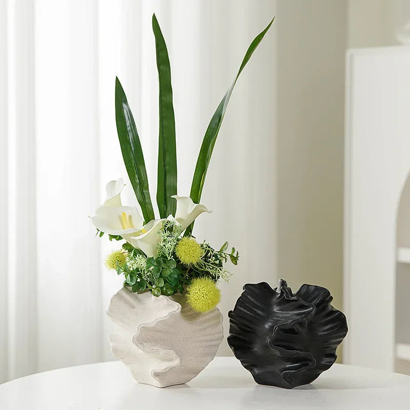 Wavy Pattern Geometric Ceramic Vase for Flower Arrangements - Black & White options