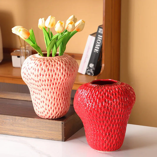 Playful Cartoon Strawberry Ceramic Vase - In Red or Pink