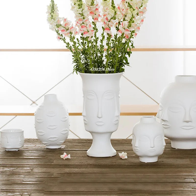 Scandinavian White Ceramic Vases with Artistic Face Designs