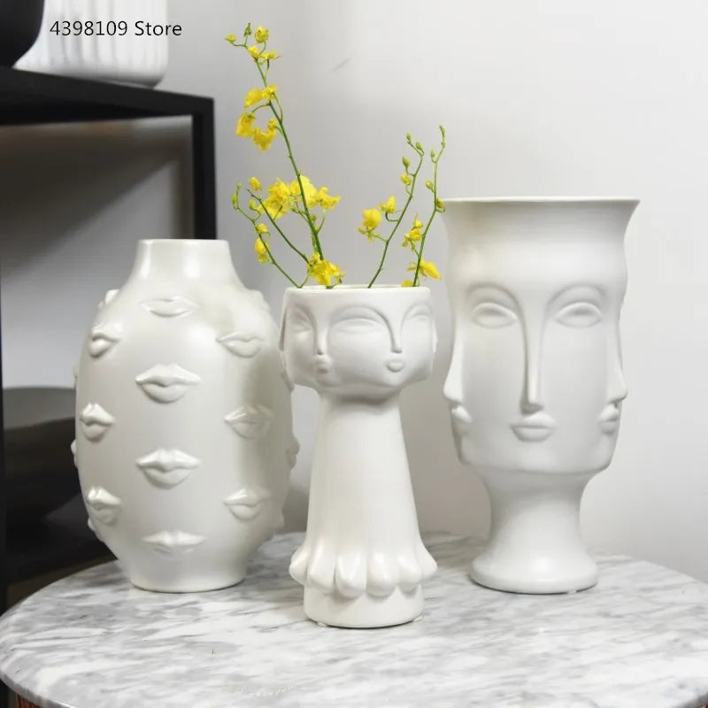 Scandinavian White Ceramic Vases with Artistic Face Designs