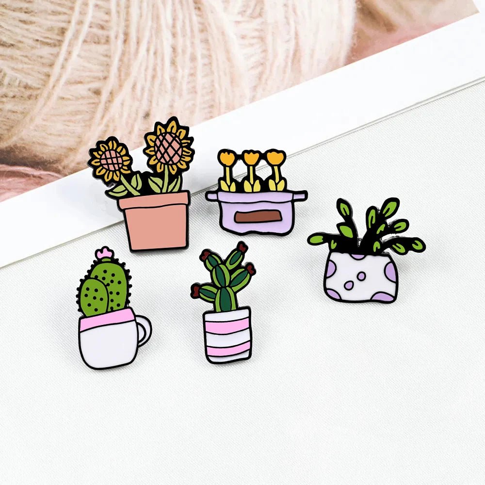 Enamel Pins - Tulip, Sunflower, Cactus and Potted Plant Designs / Cartoon Style Brooches - Little Leaf Company