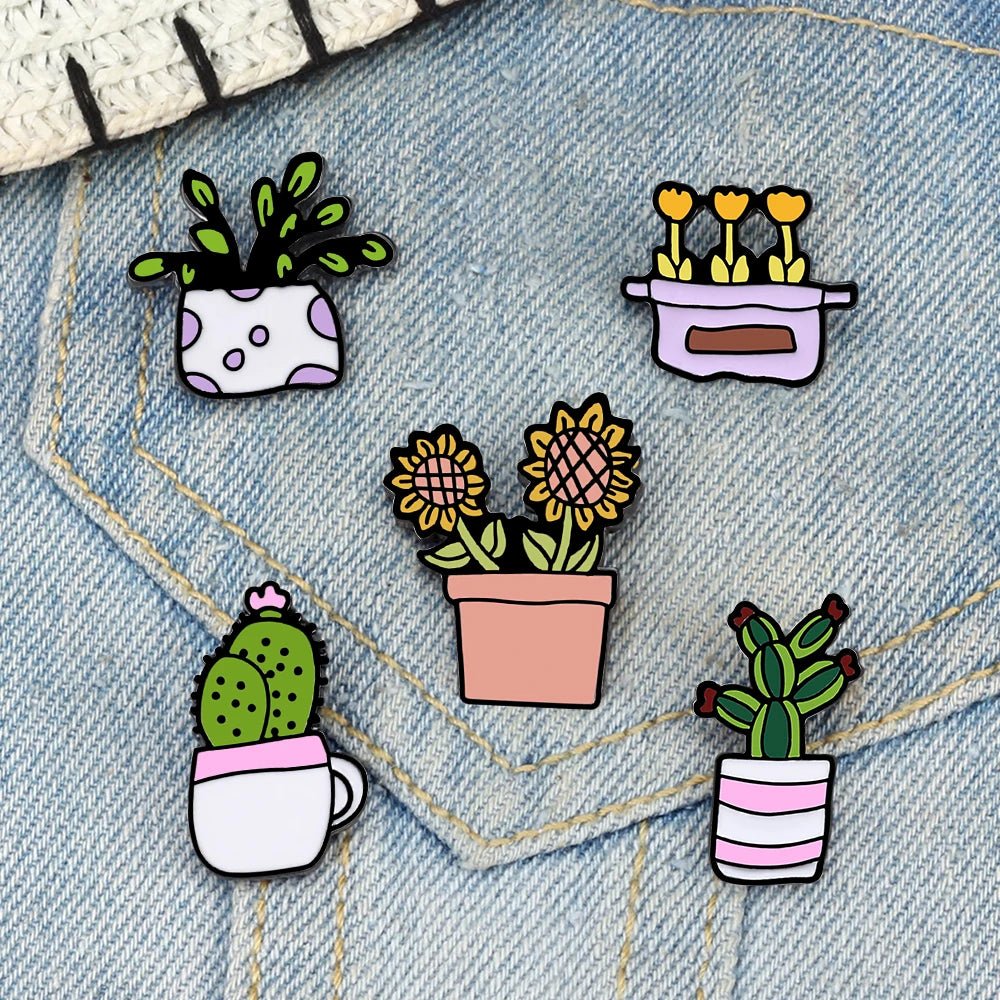 Enamel Pins - Tulip, Sunflower, Cactus and Potted Plant Designs / Cartoon Style Brooches - Little Leaf Company