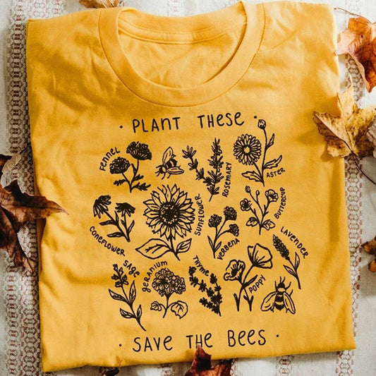 "Save the Bees" Wildflower T - shirt Casual Cotton Plant T - shirt - Unisex Graphic Tee - Various Colours - Little Leaf Company